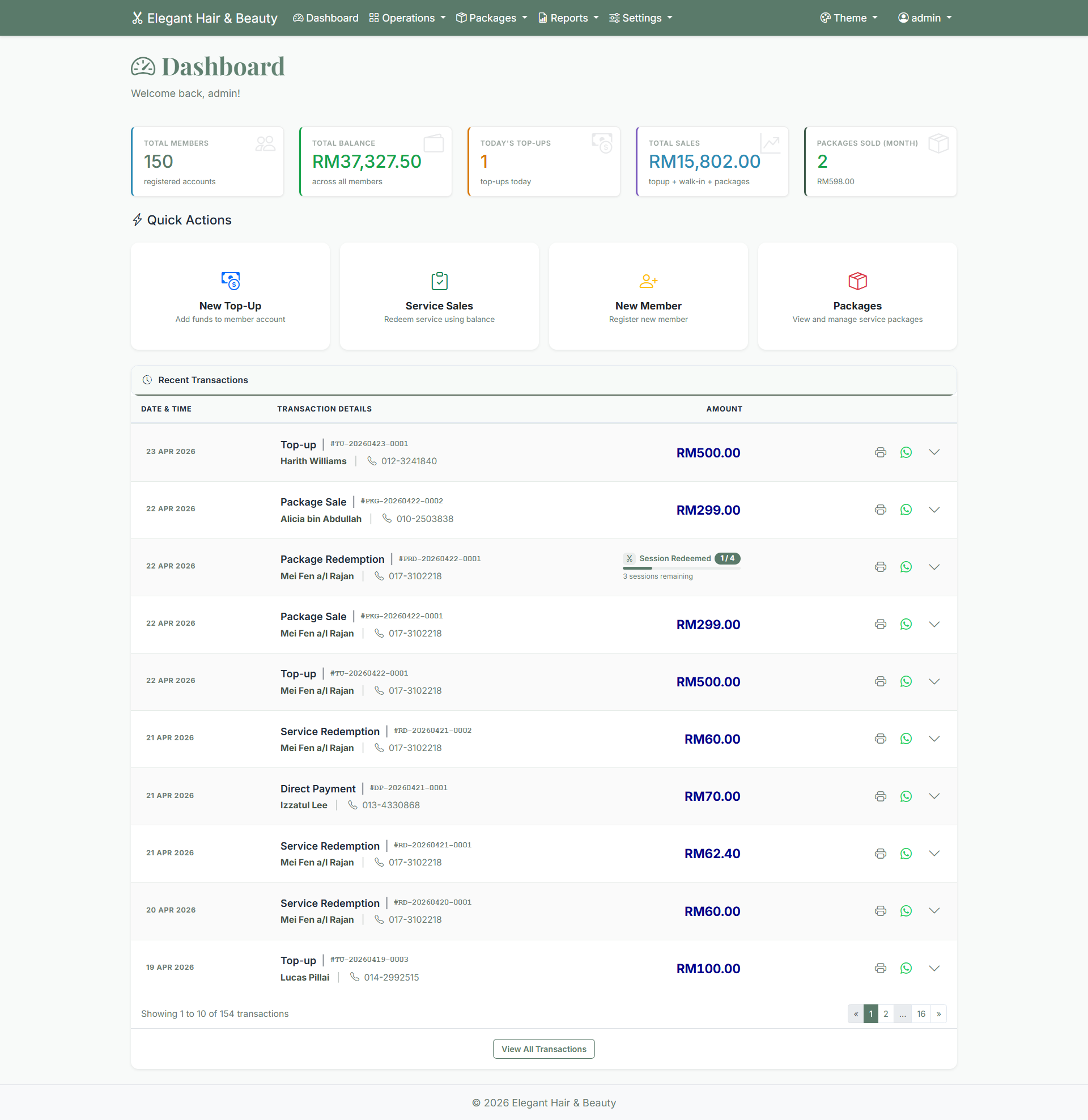 Elegant Salon System dashboard showing today's revenue, member wallets and stylist commissions