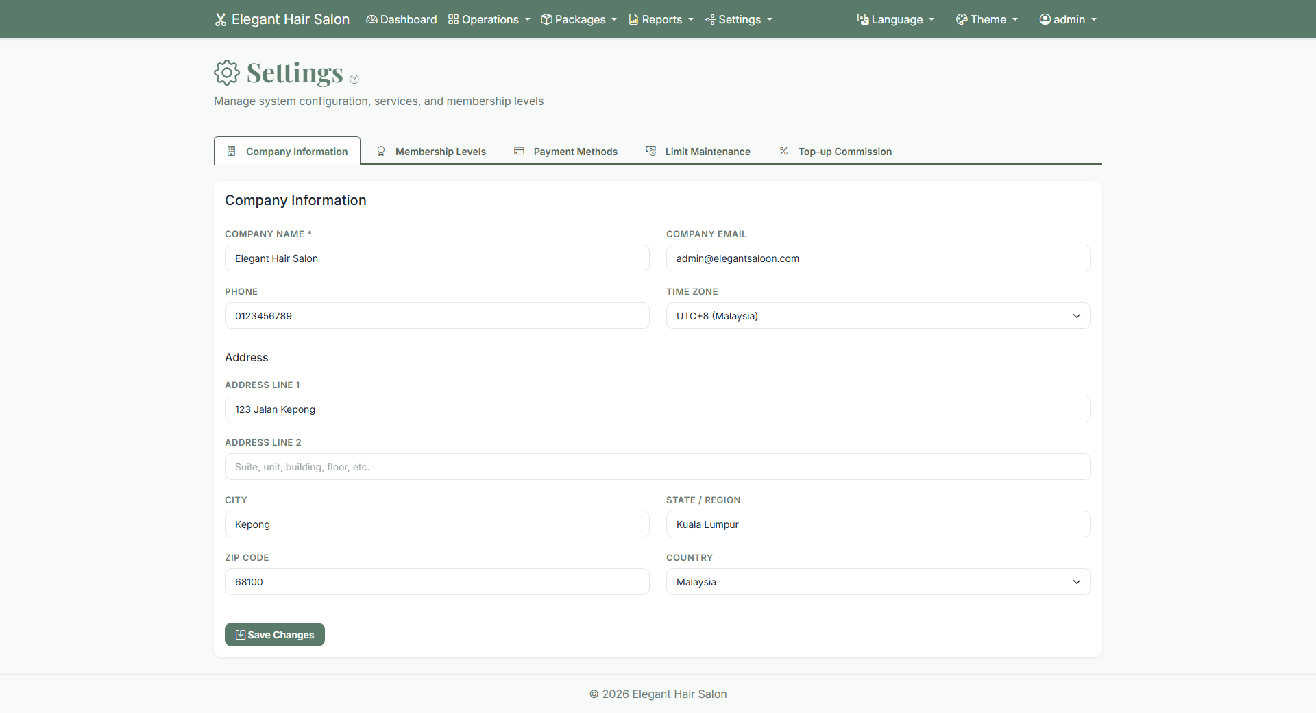 Settings screen
